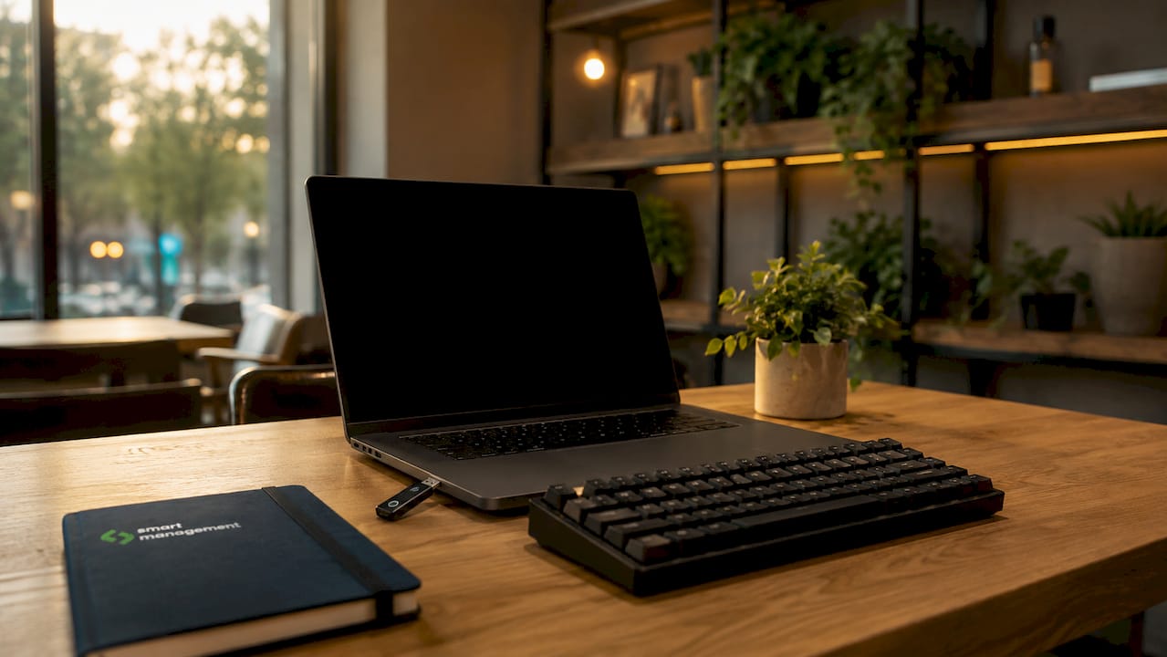 Puesto de trabajo equipado con YubiKey y protección de firewall activa