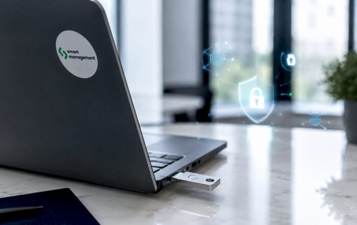 YubiKey conectado al portátil junto a iconos que representan la ciberseguridad