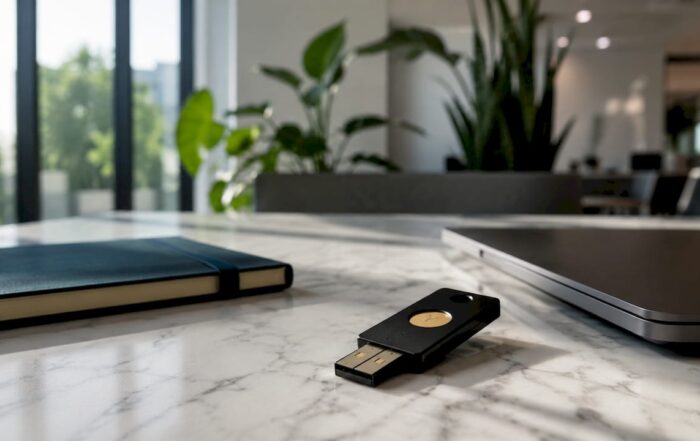 Llave digital de seguridad colocada sobre un fondo blanco