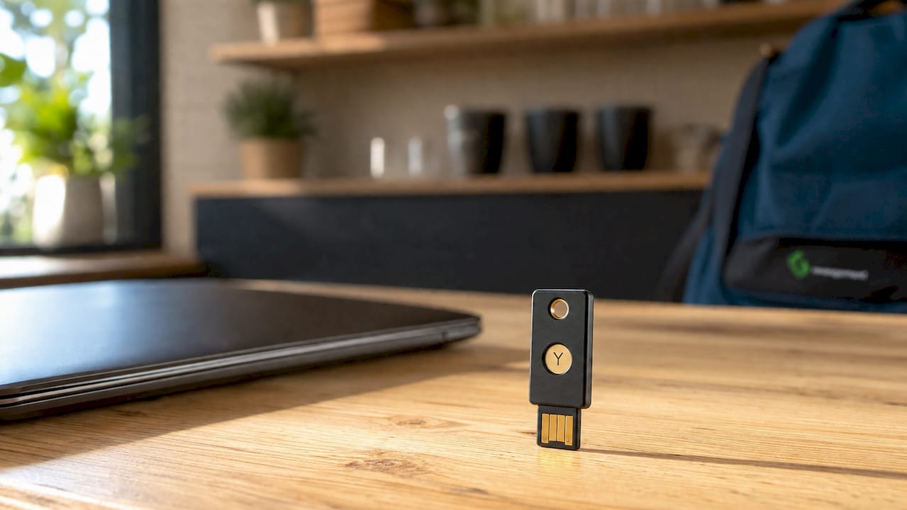 1783327317927_Dispositivo-YubiKey-en-mesa-minimalista-laboratorio Una YubiKey sobre una mesa minimalista en un laboratorio moderno.