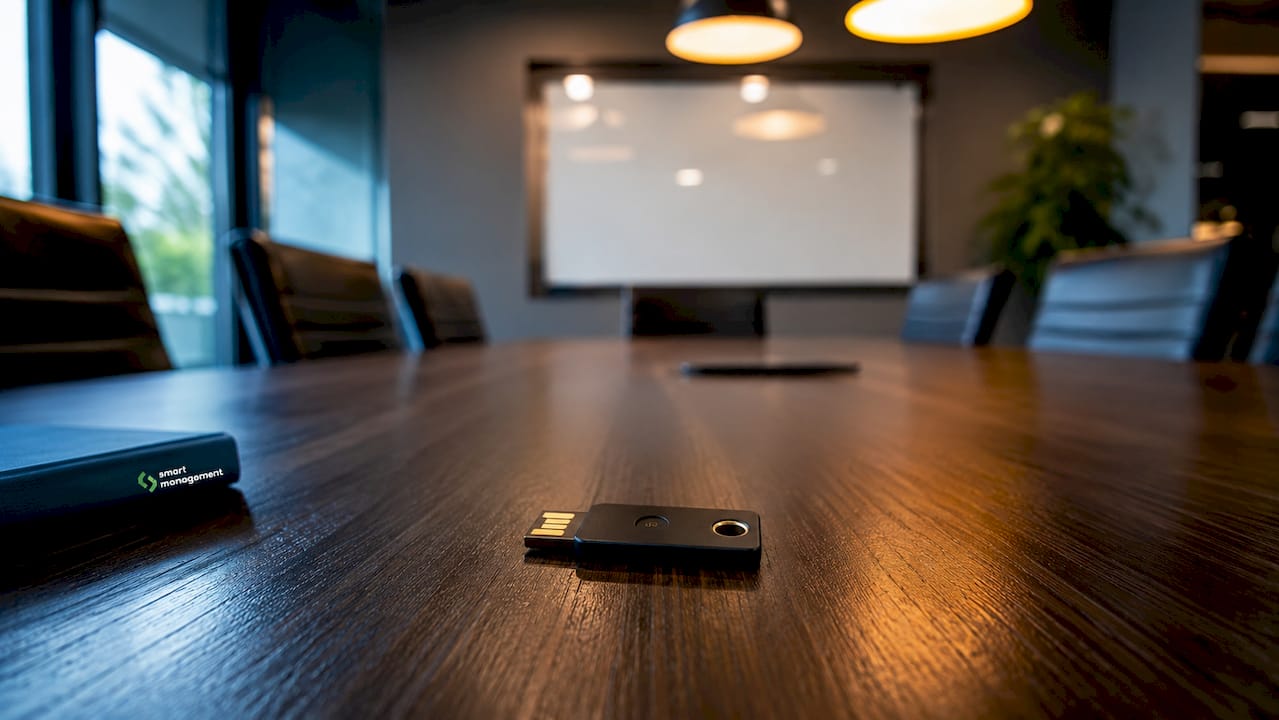 1783758734585_YubiKey-on-black-glass-in-server-room Un YubiKey sobre una superficie de cristal negro en la sala de servidores